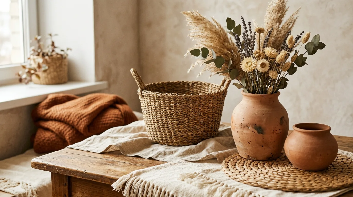 Let baskets and pottery do the decorating inspiration for an earthy bedroom.
